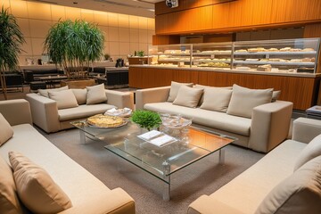 An upscale executive lounge with glass coffee tables, contemporary couches, an open buffet, and a sophisticated, business-oriented ambiance is located within a corporate conference.