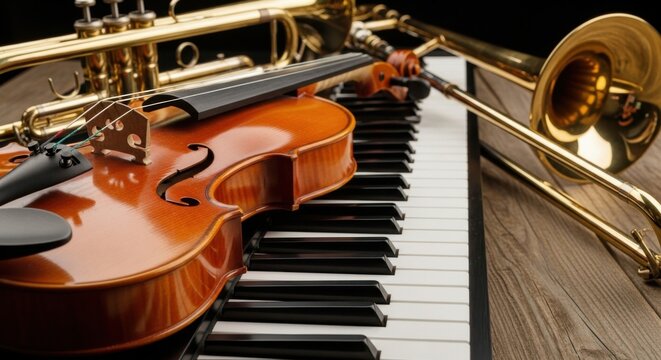 Orchestral Instruments on Piano Keys Featuring Violin and Brass Melodies
