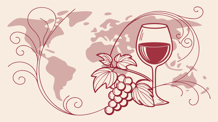 International Grenache Day Vector Art – Elegant Wine Glass with Ruby Grenache & Global Vineyard Map – Sophisticated Wine Celebration