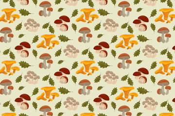 Seamless vector illustration of various mushrooms and oak leaves arranged in a repeating pattern. Ideal for backgrounds, textiles, and autumn-themed designs, capturing a natural botanical theme
