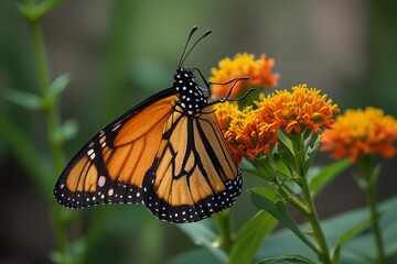 Fototapeta premium Monarch butterfly feeding on vibrant orange wildflowers in a garden