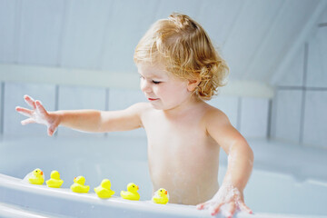 Adorable cute little toddler girl taking bath in bathtub. Happy healthy baby child playing with rubber gum toys and having fun. Washing, cleaning, hygiene for children.