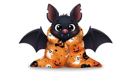 Cartoon bat wrapped in a halloween themed blanket with pumpkins and ghosts on a white background