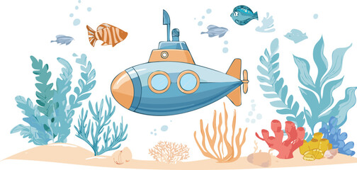 Obraz premium Watercolor seabed landscape with cartoon sea characters, submarine, seaweeds, plants, coral reef, sea sponges and small fishes.border, dolphin, panoramic, print, underwater, wildlife, coral reef, 