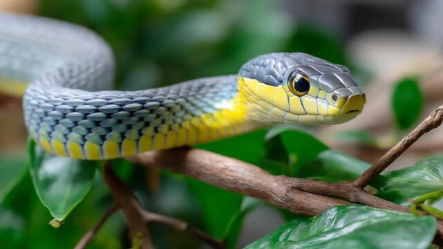Elegant Tree Snake Perched on Branch with Vibrant Colors, Wildlife Portrait, and Nature.