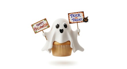 A cupcake decorated as a ghost holding happy halloween and trick or treat signs on a white background