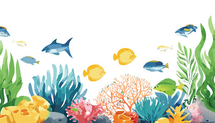 Fototapeta premium Watercolor seabed landscape with delicate seaweeds, plants, coral reef, sea sponges and small fishes. Panoramic hand drawn marine border for your design wallpaper, background, horizontal, illustration