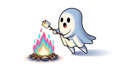Cartoon ghost roasts marshmallow over colorful campfire with wood on a white background illustration