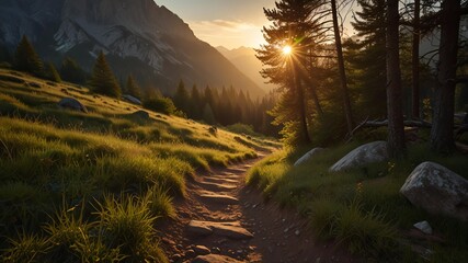 Golden hour sunlight illuminates a rocky mountain trail through pine forest