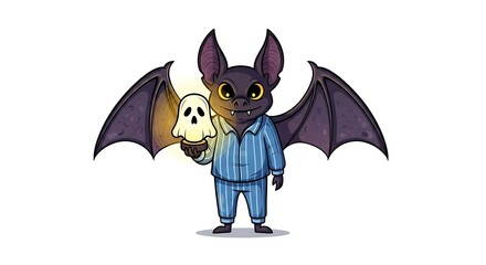 Cartoon bat in pajamas holding a glowing ghost lamp against a white background illustration art