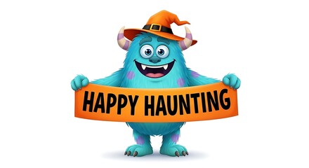 Cartoon monster holding a happy haunting sign wearing a halloween hat on a white background smiling
