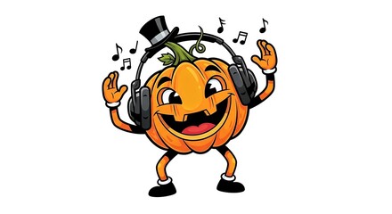 Cartoon pumpkin with a top hat and headphones dancing to music on a white background smiling big