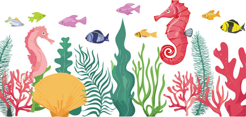 seaweeds, coral, seahorse, fishes and sea plants. Isolated colorful illustration for your design mural, wallpaper or textile,children, underwater, hand-drawn, seahorse, coral, illustration, isolated, 