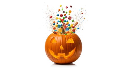 A jack o lantern overflowing with colorful candies and lollipops on a white background for halloween