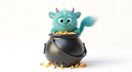 A turquoise monster sits inside a black cauldron filled with candy corn on a white background