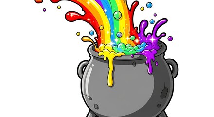 A cartoon image of a gray cauldron with rainbow liquid and bubbles spilling out on a white background