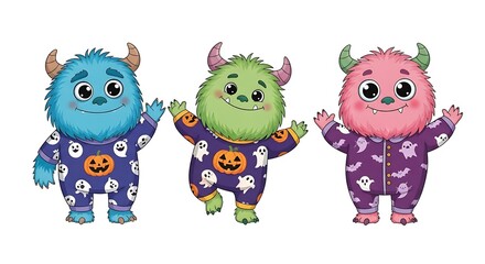 Three cartoon monsters in halloween pajamas standing on a white background illustration art style
