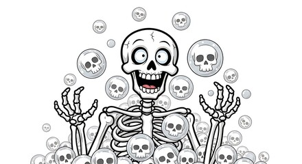 A cartoon skeleton surrounded by floating skull bubbles against a white background illustration art