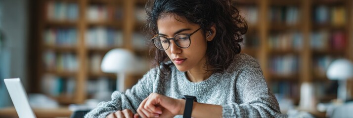 Student Focuses on Study Timer on Smartwatch in Library Setting for Effective Time Management During Study Session