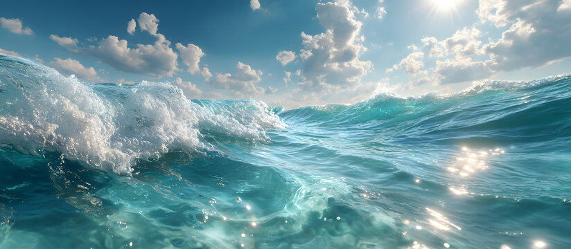 Crystal-clear underwater view showcasing a shimmering blue water surface with gentle waves and soft clouds in a bright sky above, ample copy space.