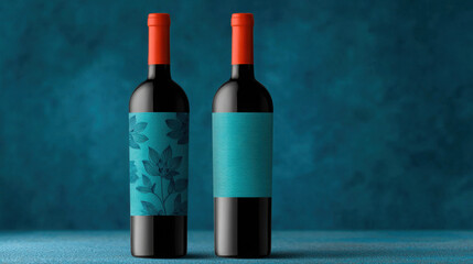 Two bottles of wine with blue labels and red caps