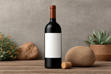 Blank wine bottle mockup with cork on rustic table for label design and product branding