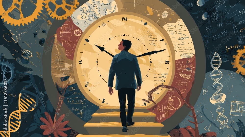Poster walking through giant clock filled with learning symbols, exploring lifelong timing and knowledge in