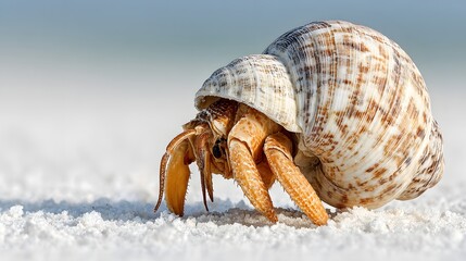 Hermit crab in its shell on white sand.