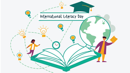 Inspiring Vector Illustration of Glowing Book, Diverse Readers and Globe for International Literacy Day

