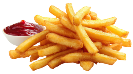 Golden Crispy French Fries Piled on Transparent Background

