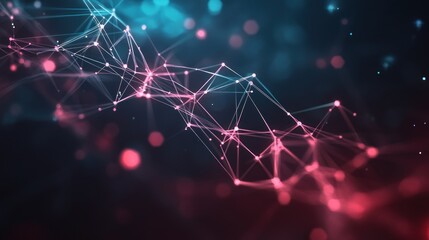 A collection of glowing, abstract digital nodes and connecting lines, representing a neural network, or complex data network. Futuristic and conceptual, dark background.