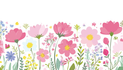 Floral seamless border with abstract delicate pink wildflowers and colored butterflies. Isolated watercolor illustration for cover, background,flower, purple, art, illustration, decoration, design, 