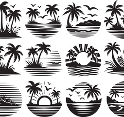 Tropical island icon set with palm trees beach and summer elements