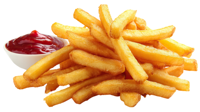 Golden Crispy French Fries Piled on Transparent Background

