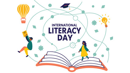 International Literacy Day Vector Art – Open Book with Glowing Knowledge Symbols, Global Education & Diverse Learning for Empowerment