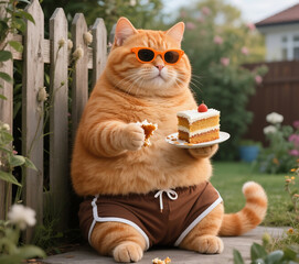 A cute, large orange cat is sitting against the garden fence, wearing brown boxer shorts and orange sunglasses. The large orange cat is holding a bitten layer cake in one of its paws.