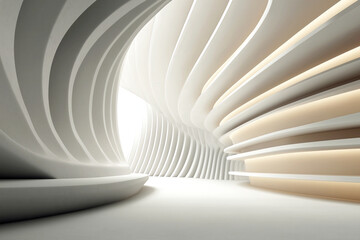 Obraz premium Abstract light-filled corridor, smooth curved walls in soft tones, serene atmosphere ideal for minimalist design concepts.