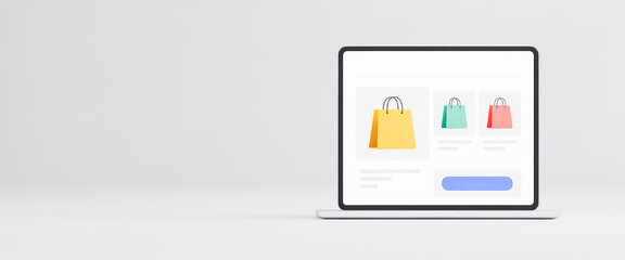 A tablet displays an online shopping website with shopping bags, isolated on white background