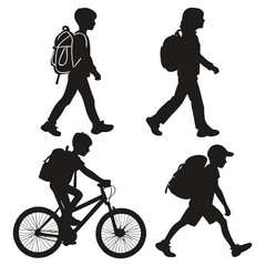 Silhouettes of Students Walking and Biking to School