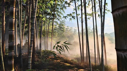 Serene bamboo forest with ethereal morning mist and sunbeams - Powered by Adobe