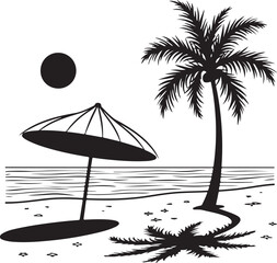 Tropical summer beach vector illustration with palm trees, umbrella, and ocean