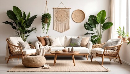 Light, airy living room with wicker chairs, a neutral sofa, and abundant greenery