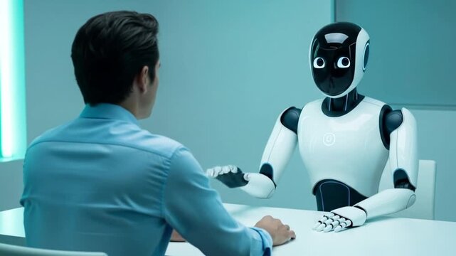 A man engages in a conversation with a sleek, modern robot, highlighting the intersection of human and artificial intelligence