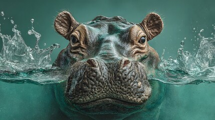 Obraz premium Close-up of a hippopotamus emerging from water.