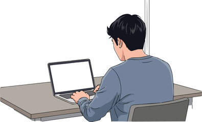 Create a Young man with blank laptop sitting at table in office, back view vector art with white background.