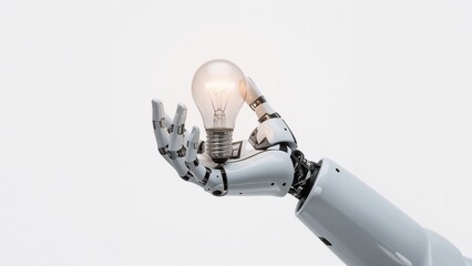 Futuristic robotic hand holding a glowing light bulb symbolizing innovation and artificial intelligence, captured in a high-quality studio shot on a clean white background.