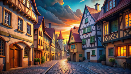 Naklejka premium Charming Medieval Town Street with Cobblestone Road and Colorful Buildings at Sunset, Perfect for Travel, Tourism, and Historical Backgrounds