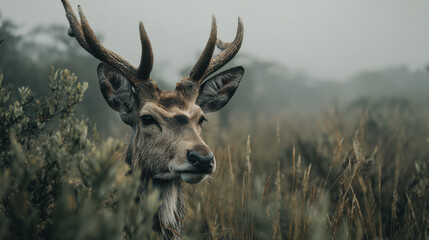 Wild deer standing in foggy tall grass field perfect for nature photography wildlife awareness forest exploration and eco blogs