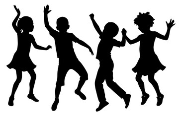 Fototapeta premium Four happy children dancing and jumping together in a silhouette style