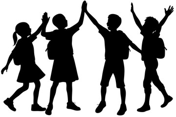 Four happy children giving high fives silhouette